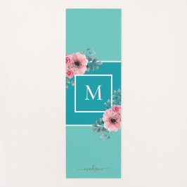 Tapete De Yoga Teal & Aqua | Monograma das flores de aquarelas