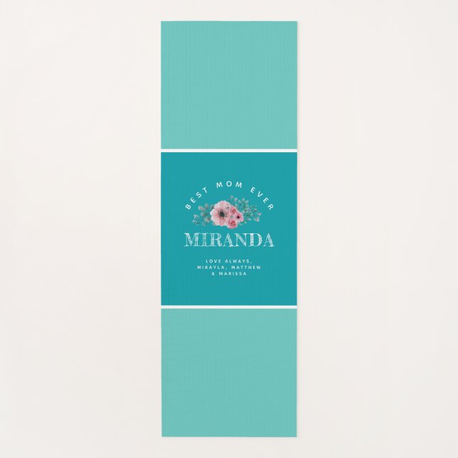 Tapete De Yoga Teal & Aqua Monograma Melhor Mãe Já Personalizada (Frente)
