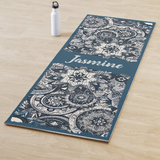 Tapete De Yoga Teal Blue e White Mandalas