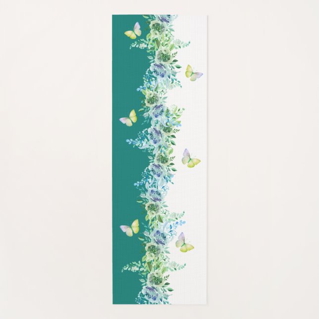 Tapete De Yoga Teal Green Floral Butterfly Yoga Mat  (Frente)