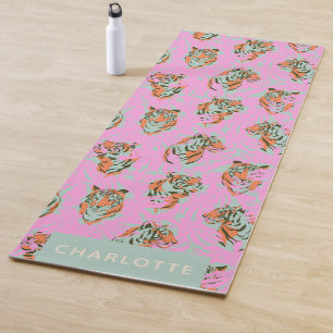 Tapete De Yoga Tigre Rosa Tendência Selva Retro Nome Personalizad