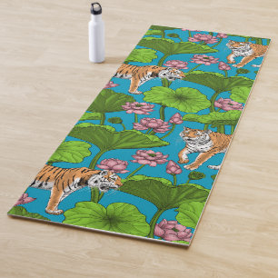Tapete De Yoga Tigres no lago de lótus rosa