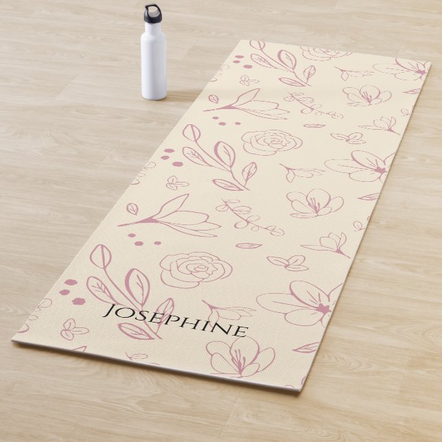Tapete De Yoga Trendy Personalised Pink florals on beige Creme (In Situ)