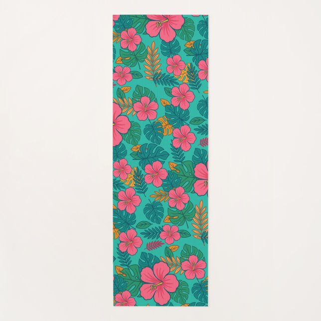 Tapete De Yoga Tropical Hibiscus and Palm Leaf Pattern  (Frente)