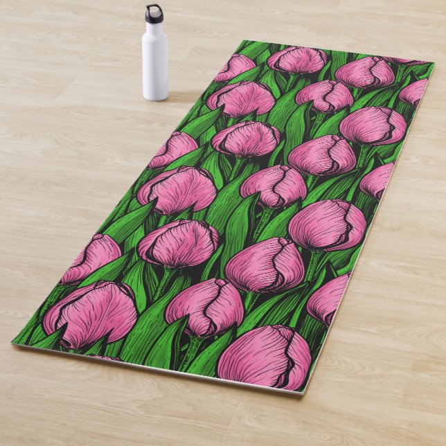 Tapete De Yoga Tulipas cor-de-rosa com folhas verdes (In Situ)