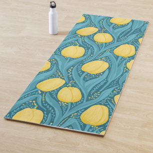 Tapete De Yoga Tulipas em azul e amarelo