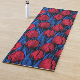 Tapete De Yoga Tulipas em vermelho e azul