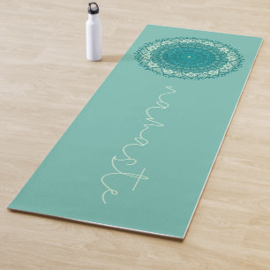 Tapete De Yoga Turquesa Blue Mandala com texto de marca