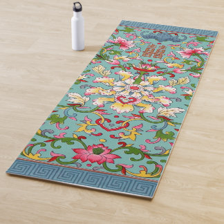 Tapete De Yoga Vintage China Buquê asiático rosa no azul-aqua