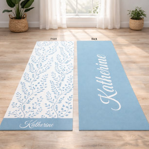 Tapete De Yoga Vintage Minimalista Azul Pó Rosa Floral Script