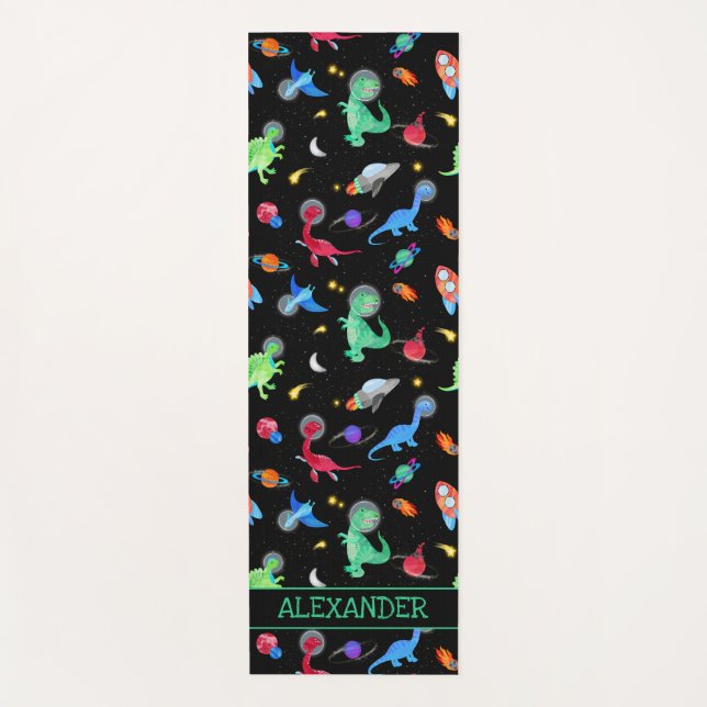 Tapete De Yoga Watercolor Dinosaur Astronauts In Space Black (Frente)