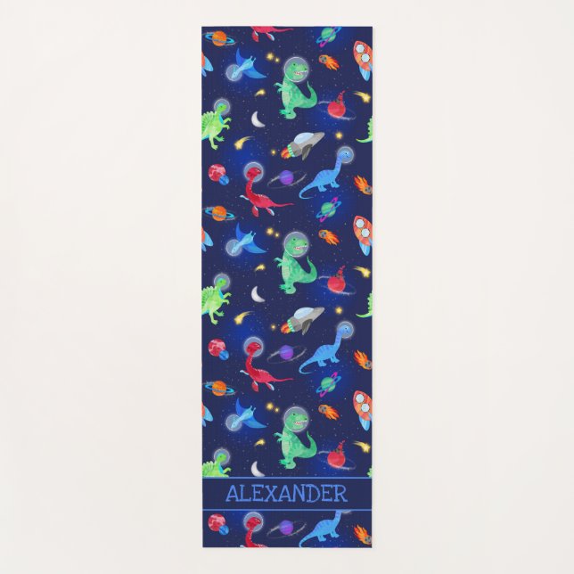 Tapete De Yoga Watercolor Dinosaur Astronauts In Space Blue (Frente)
