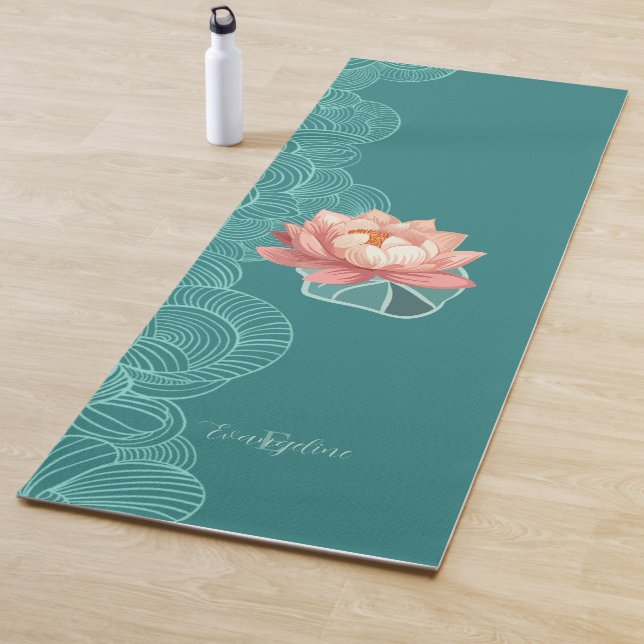Tapete De Yoga Watercolor Peach Lotus On Teal Personalized (In Situ)