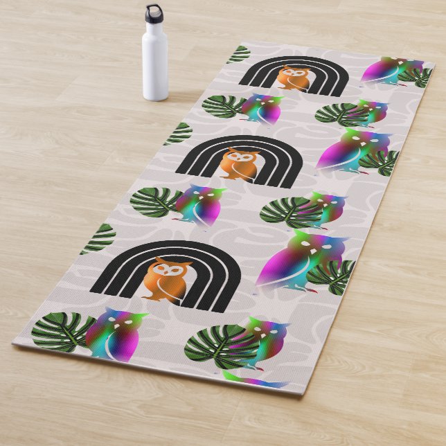 Tapete De Yoga Whimsical Boho Owl & Tropical Monstera Leaf (In Situ)