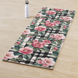 Tapete De Yoga Xadrez Preta e Branca com Camellias Rosa Folha