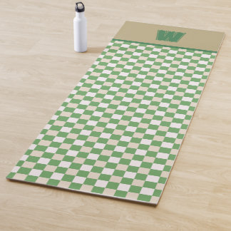 Tapete De Yoga Xadrez Verde Bege Chic com Monograma de Bem-Estar