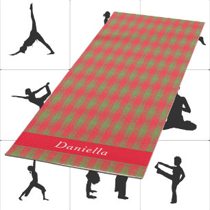 Tapete De Yoga Xadrez Verde Rosa-Vermelho Adicionar Nome Personal