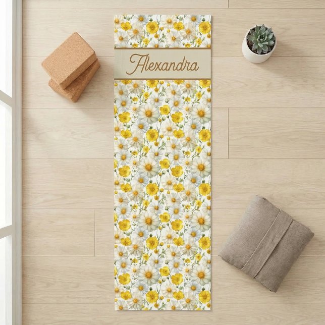 Tapete De Yoga Yellow Wildflowers Pattern Monogram Name (Criador carregado)