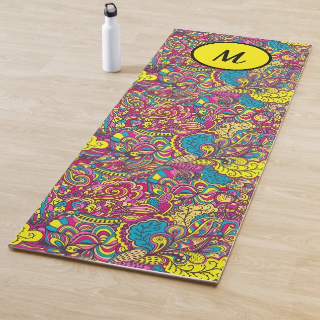 Tapete De Yoga Yoga Floral Moderna Monograma Turquesa Amarelo (In Situ)