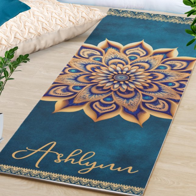 Tapete De Yoga Yogi Personalizado Azul e Dourado Mandala Dupla La (Add your own name to personalize this elegant blue & gold mandala yoga mat. This mat is double sided)