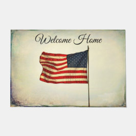 Tapete Doormat "casa bem-vinda" com bandeira americana.
