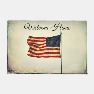 Tapete Doormat "casa bem-vinda" com bandeira americana.