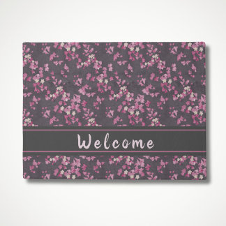 Tapete Doormat de boas-vindas à cereja rosa e Cinza