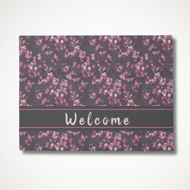 Tapete Doormat de boas-vindas à cereja rosa e Cinza (Pink and Dark Gray Cherry Blossoms Welcome Mat for front door)