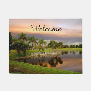 Tapete Doormat do lago palm Trees do por do sol