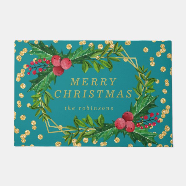 Tapete Dourada Família Teal Feliz Natal Holly Glitter (Frente)