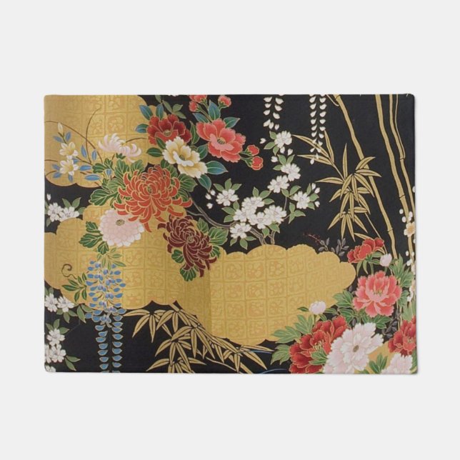 Tapete Dourado e negro Oriental Kimono Floral (Frente)
