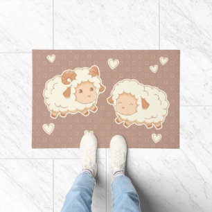 Tapete Duas Pequenas Ovelhas Bonitas, Ram Ewe, em Castanh
