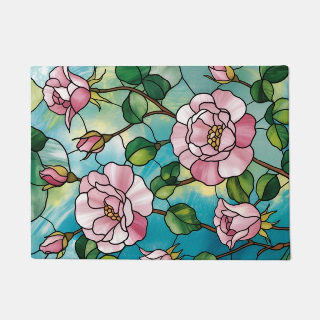 Tapete Efeito de Vitral Floral Flores Rosadas Botânico (Frente)