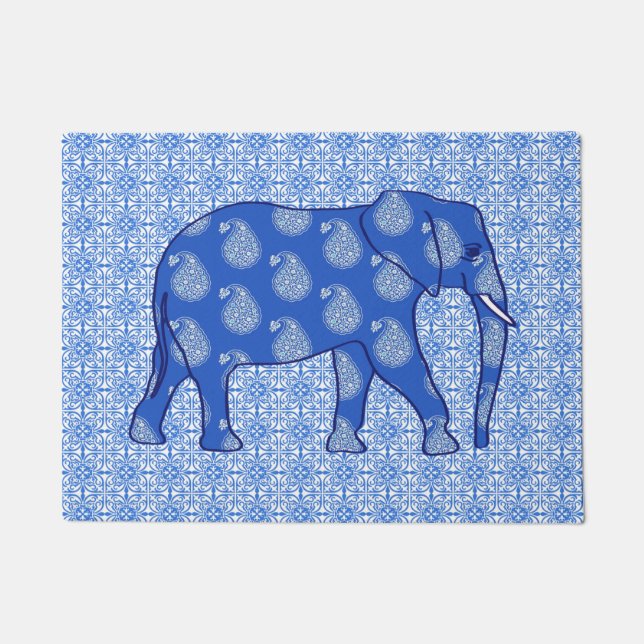 Tapete Elefante de Paisley, Azul de Cobalto e Branco (Frente)