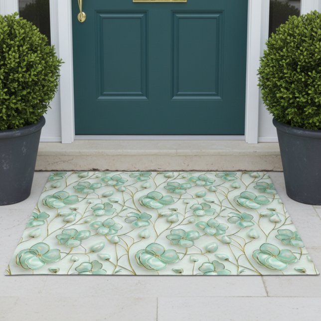 Tapete Elegant Green Floral Door Mat (elegant glam luxe aqua mint green and gold floral door mat)