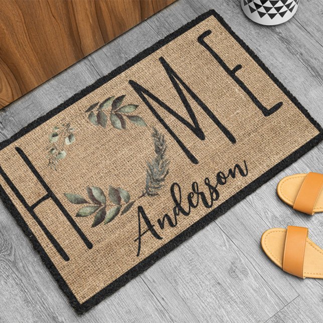 Tapete Elegant Wreath Faux Burlap Family Name Doormat (Criador carregado)
