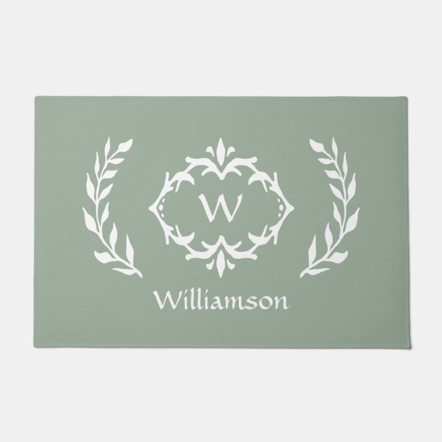 Tapete Elegante Moderno Monograma Wreath Chic Sage Verde (Frente)