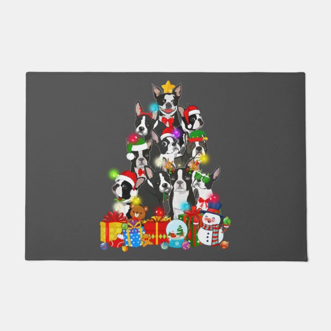 Tapete Engraçado Boston Terrier Christmas Tree Lights Pup (Frente)
