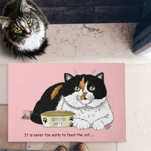 Tapete Engraçado Gato Malhado Mimado Alimentar Gato Rosa