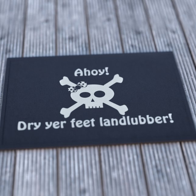 Tapete Engraçado Pirata Skull Landlubber - Porta-Boas-vin ("Ahoy!! Dry yer feet landlubbers". Suitable for all pirate doorways.)