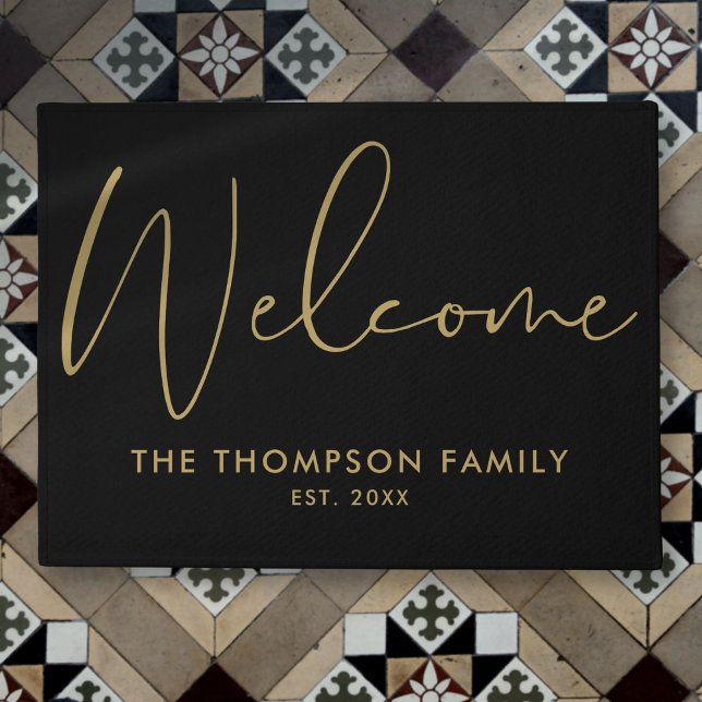 Tapete Família Personalizada Preta E Dourada Bem-Vindo (Custom Family Black And Gold Welcome Doormat)