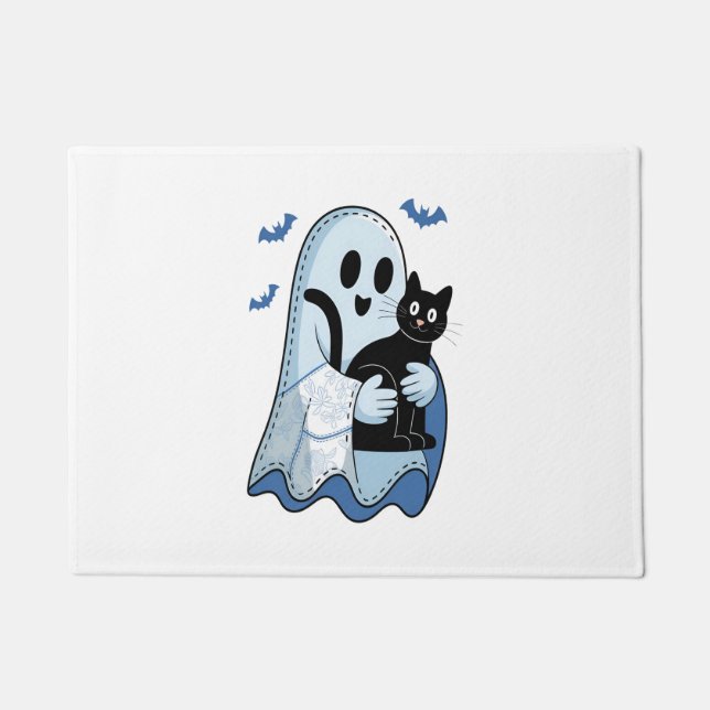 Tapete Fantasma e Gato de Denim Azul de Halloween (Frente)