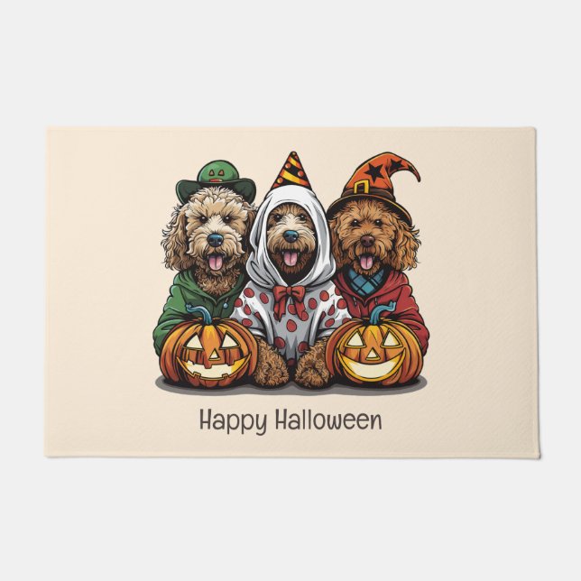 Tapete Feliz Cachorro de Goldendoodle de Halloween (Frente)