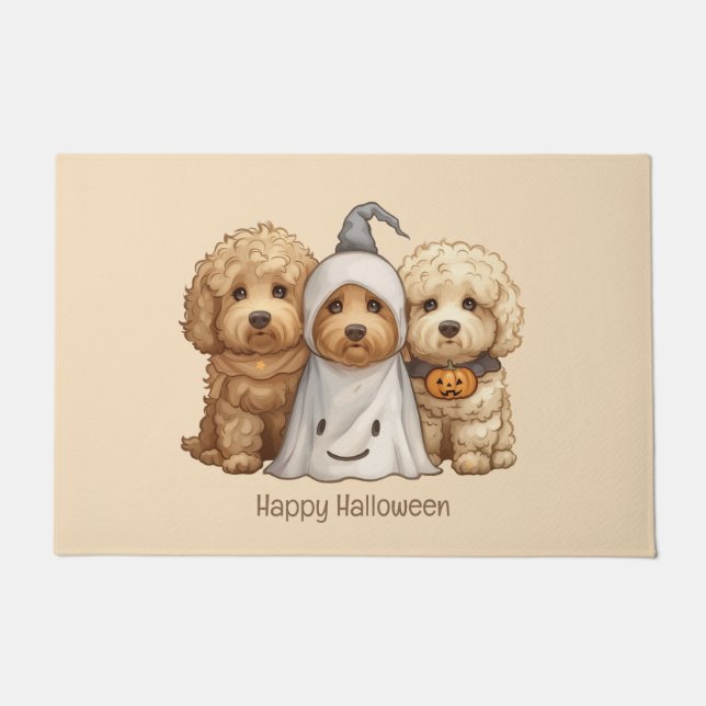 Tapete Feliz Cachorro de Goldendoodle de Halloween (Frente)