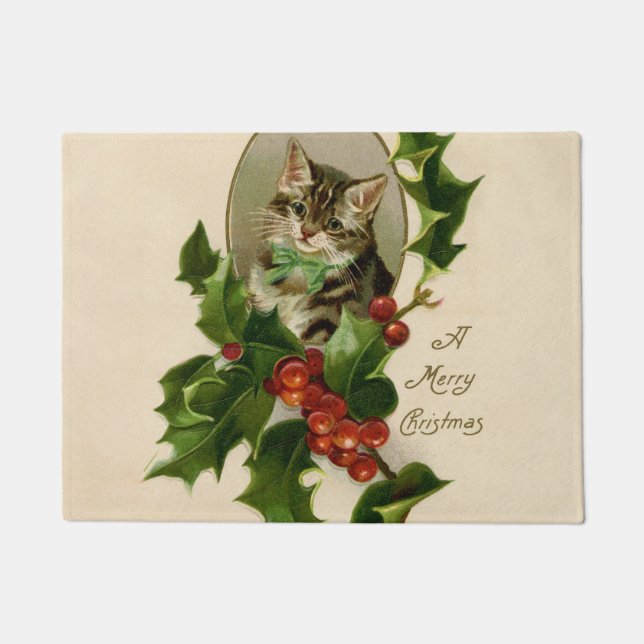 Tapete Feliz de Natal Holly Kitten Arte Antiquada (Frente)