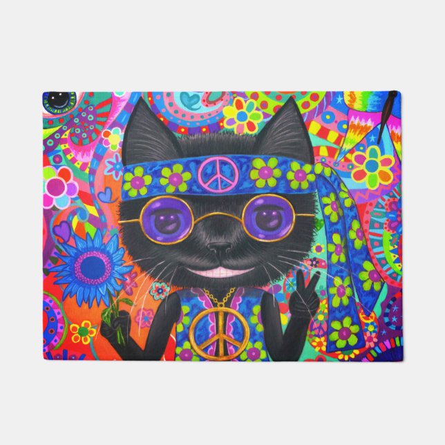 Tapete Feliz Hippie Cat Óculos escuros Sinal de paz Flor (Frente)