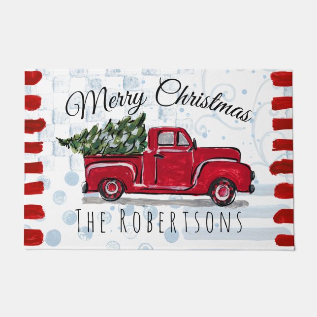 Tapete Feliz Natal Red Truck Personalizado Mat de Porta (Frente)