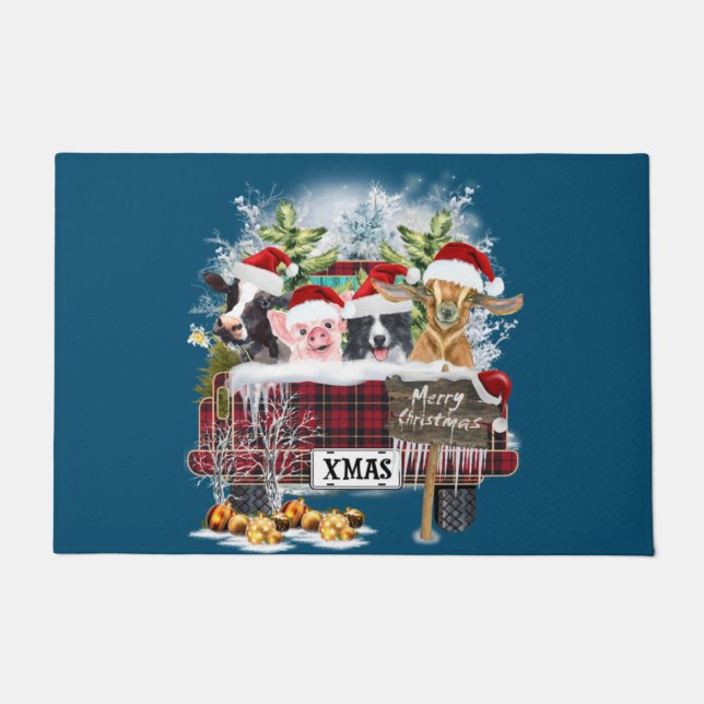 Tapete Feliz Natal Xadrez de Buffalo Vacas Porco Collie (Frente)