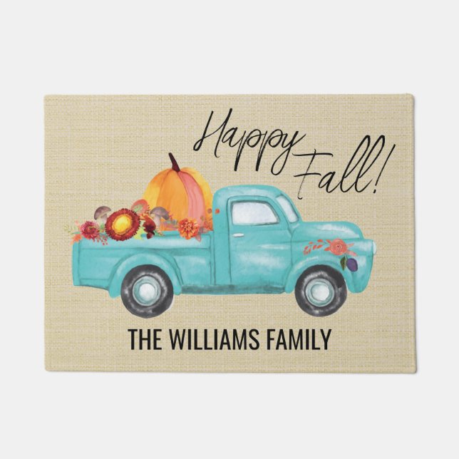 Tapete Feliz Queda Blue Truck Family Name Pumpkins Doorma (Frente)