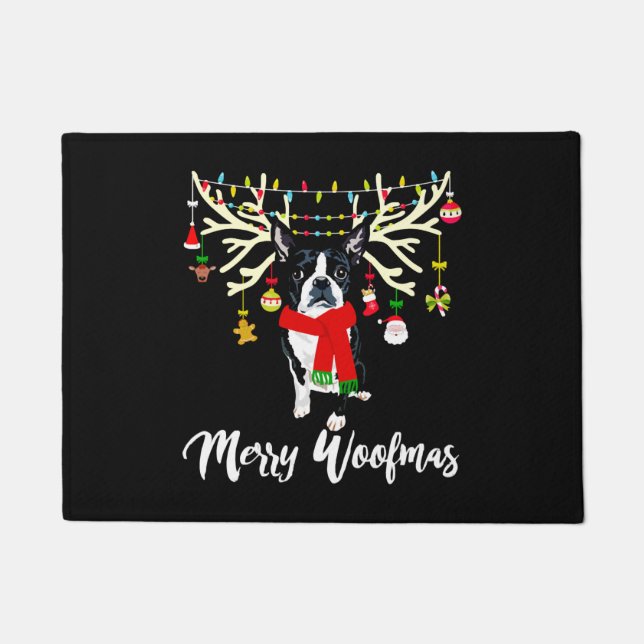 Tapete Feliz Woofmas Boston Terrier Reindeer Natal Do (Frente)